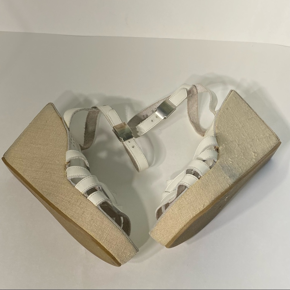 Robert Clergerie Wedge Sandal Size 7.5 Ankle Strap White Tan Leather Canvas